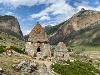 Medieval stone burial grounds of Fardyk-Keshene on slope near Eltyuby village in Chegem gorge....