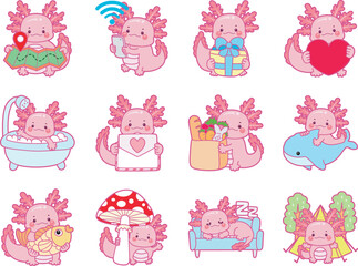 Illustration of cute axolotl activities icon.
Funny pink axolotl in daily routine stickers.