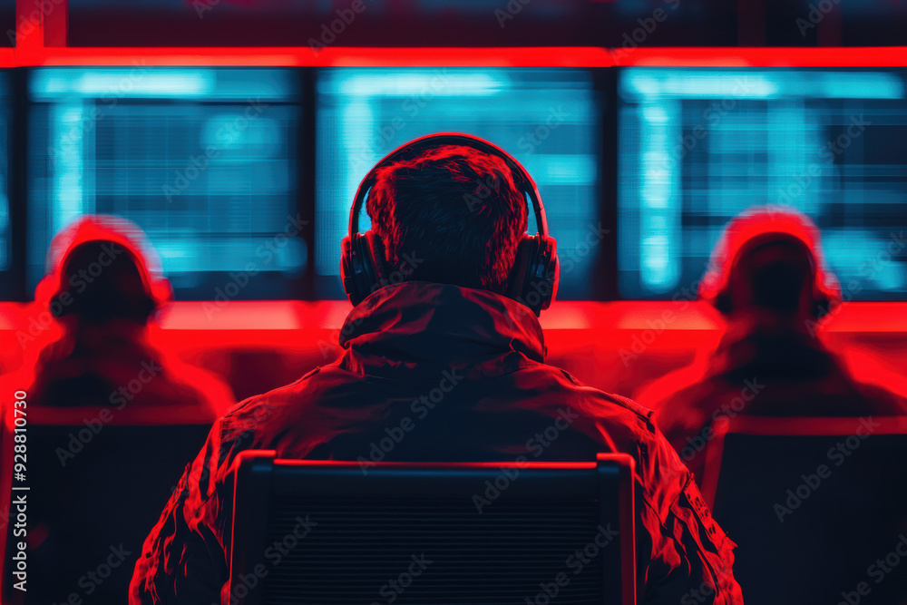 Poster back view of cyber security professionals working on computers in a dark room illuminated by red and