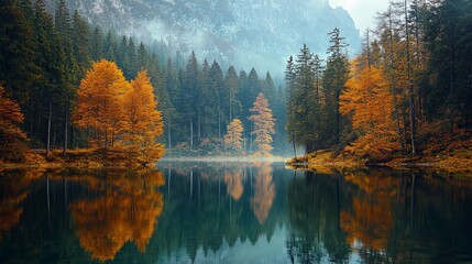 Naklejka premium Autumn Reflection on Tranquil Lake in Scenic Forest Landscape