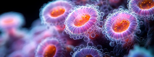 Close-up of monkeypox virus cells under a microscope, vibrant colors highlighting the viral structure