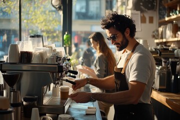 A barista in a modern café prepares coffee with an espresso machine. The café features industrial design elements, large windows, and ample sunlight streaming in.