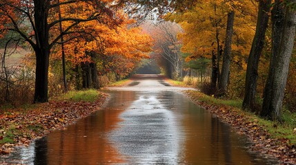 Obraz premium A serene landscape showing an autumn road partially submerged in water, flanked by trees with fall foliage