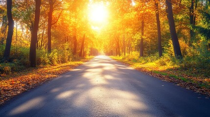 Obraz premium Peaceful road with autumn trees lining the road and sun shining through
