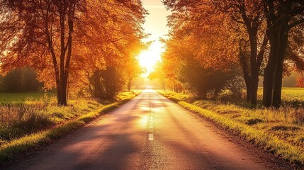 Obraz premium Peaceful road with autumn trees lining the road and sun shining through