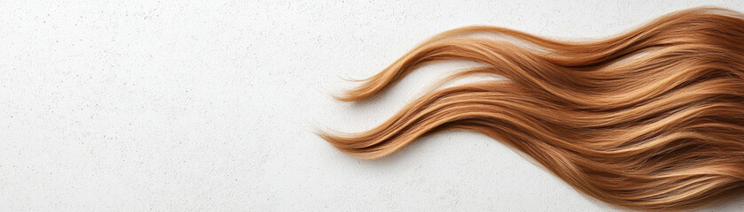Fototapeta premium Flowing strands of light brown hair laid against a textured white background, ideal for beauty, salon, and haircare-themed projects.