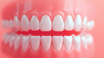 Obraz premium Close-up of clean, white, healthy teeth set against a pink background. Ideal for dental, hygiene, health, and medical-themed designs or advertisements.