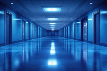 Empty Blue Hallway with Doors and Overhead Lights