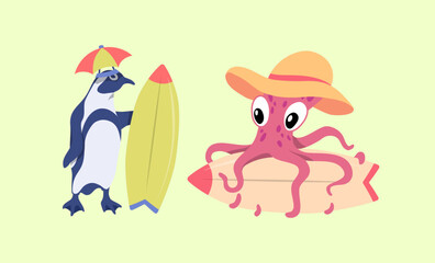 Cartoon Color Characters Animal Penguin and Octopus Surfers Set Summer Vacation Activity Surfboarding Concept Flat Design Style. Vector illustration