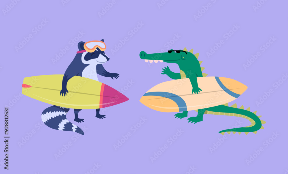 Canvas Prints Cartoon Color Characters Animal Crocodile and Raccoon Surfers Set Summer Vacation Activity Surfboarding Concept Flat Design Style. Vector illustration