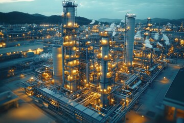 Fototapeta premium Illuminated Industrial Complex with Towers and Pipes at Dusk