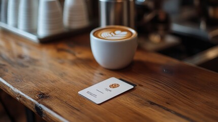 A warm cup of coffee sits on a wooden table next to a coffee shop loyalty card, inviting customers to enjoy their favorite brew.