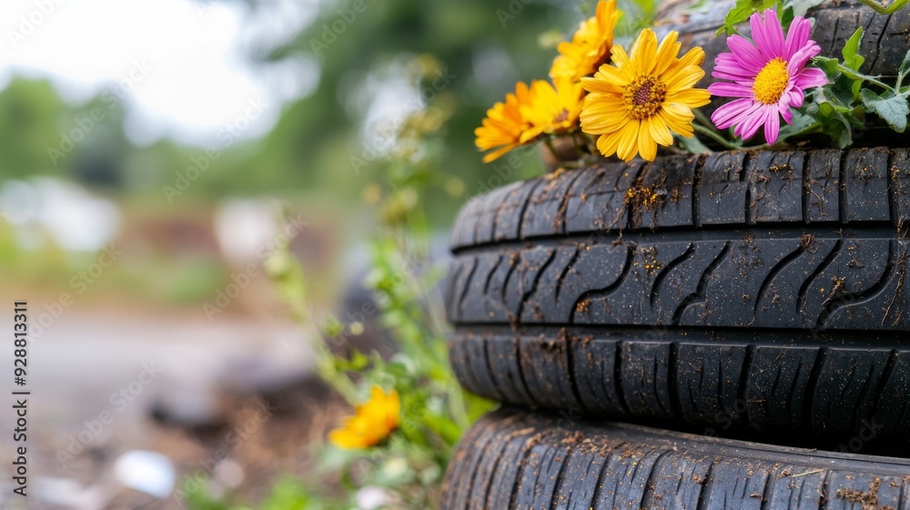 Poster A tire is covered in dirt and has a bunch of flowers on top of it