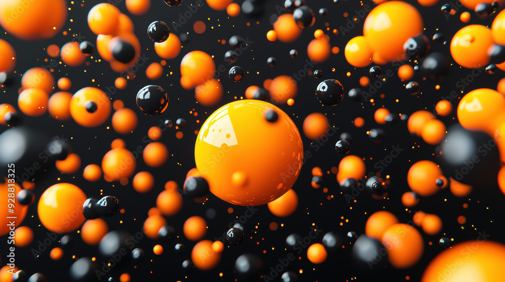 Poster vibrant orange and black spheres floating in a dark abstract background creating a dynamic and visua
