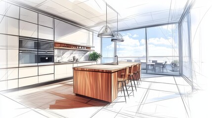  Hand drawn color sketch of modern luxury kitchen interior with panoramic window Interior design concept 