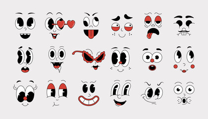 Groovy comic faces. Retro 70s 80s 90s psychedelic smiley face icons, abstract funny hippie groovy characters with different emotions. Vector set