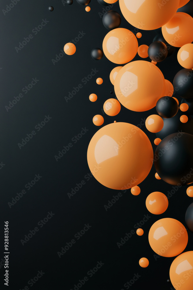 Poster dynamic abstract background with orange and black spheres floating on a dark surface, creating a mod