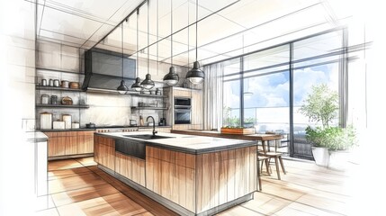  Hand drawn color sketch of modern luxury kitchen interior with panoramic window Interior design concept