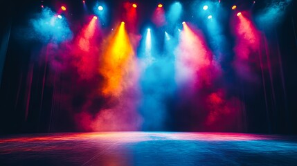 Colorful stage lights illuminate through fog creating a vibrant and dramatic scene perfect for theater promotions, concert flyers, and event marketing materials