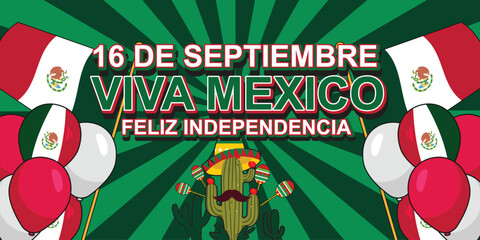 Vector Banner design for the independence day of Mexico 16 September with flag decoration and cactus plants