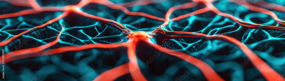 Poster abstract visualization of neural network connections with vibrant blue and red light, showcasing dat