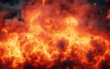 Fototapeta premium Dramatic explosion with fiery flames and debris; intense fire and smoke create a powerful visual impact, capturing the chaos and heat of a blast.