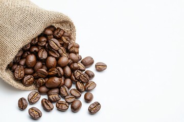 Organic coffee beans, spilling from burlap sack, 3D illustration