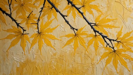 Yellow Momiji Branch with Water Texture Background Acrylic Painting