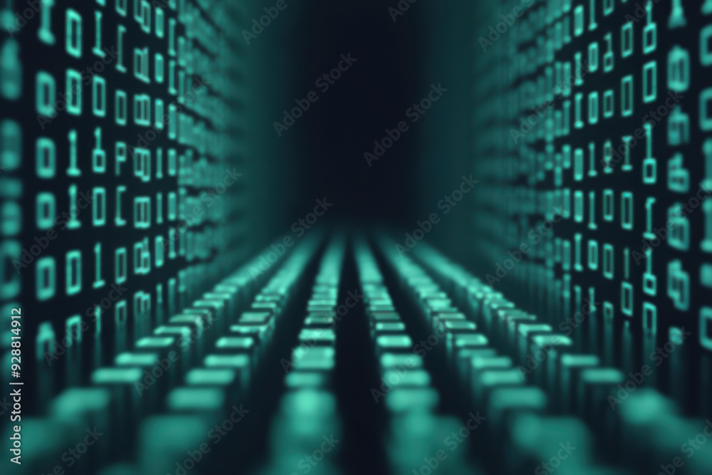 Poster abstract image showcasing futuristic digital code in a tunnel-like structure, representing cybersecu