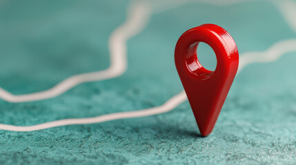 Red map pin on a textured green surface and white lines representing a path, symbolizing navigation, direction, and destination planning.