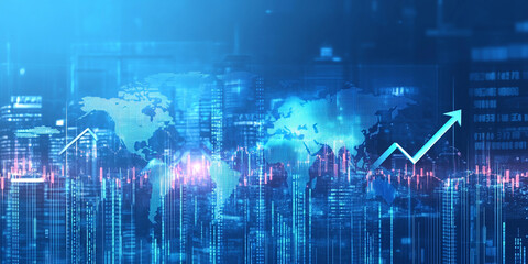 Blue-Toned Global Financial Analysis with Data Charts and Arrows Rising, Highlighting Positive Market Growth, Economic Trends, and Technological Integration in Financial Sectors