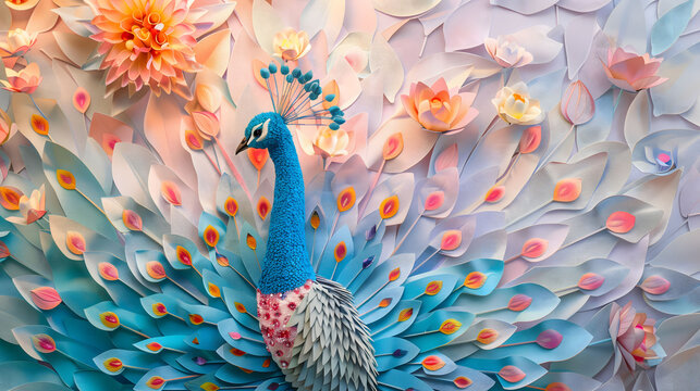 Handicraft Artwork of Majestic Peacock Made with Various Items Including Paper and Flower Petals