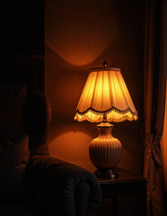 A lamp turned ON next to the armchair at night