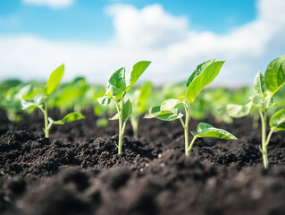 Close-up of young soybean plants emerging from rich, fertile soil under a bright blue sky, representing growth, sustainability, and the potential for a successful harvest