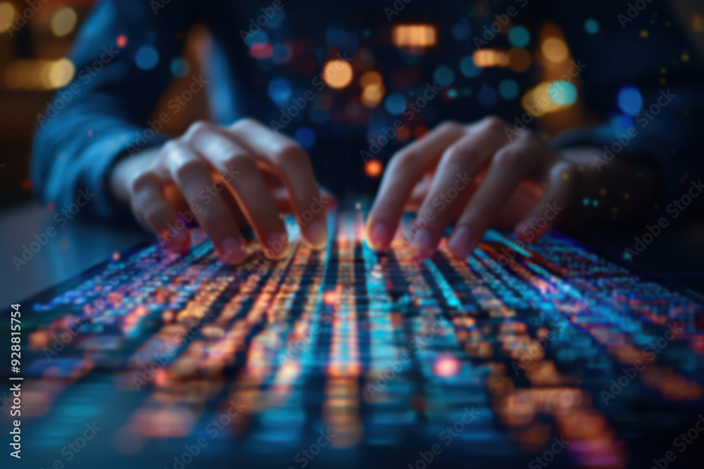 Poster close-up of hands typing on a colorful backlit keyboard, symbolizing the dynamic world of coding, te