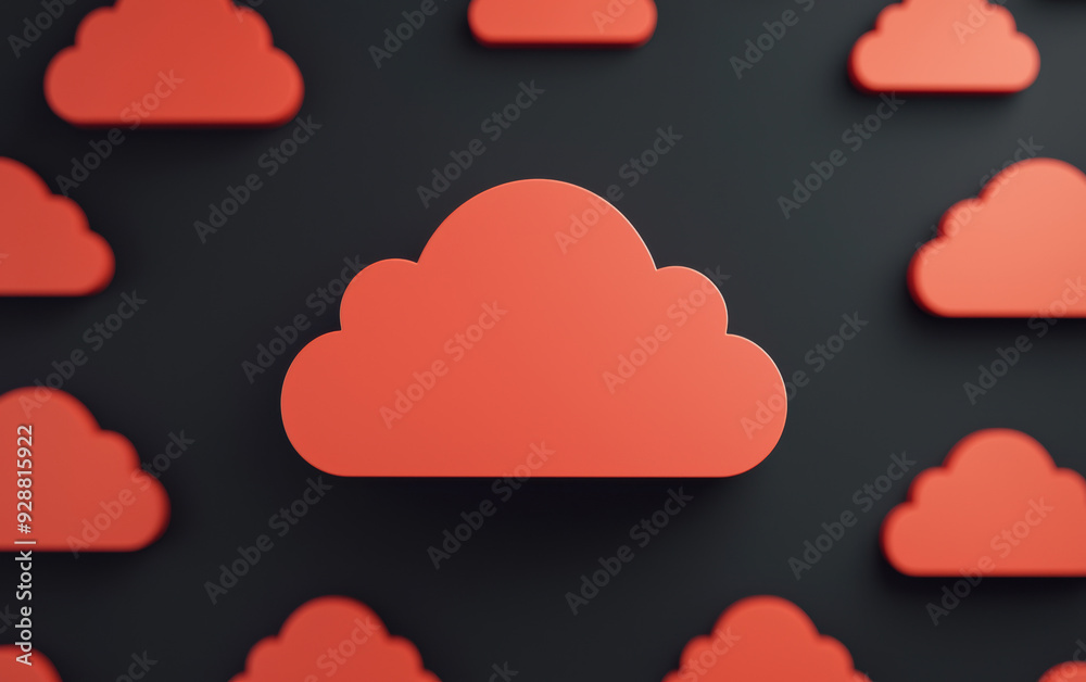 Poster pattern of red cloud icons on a black background representing data storage, cloud computing, and mod