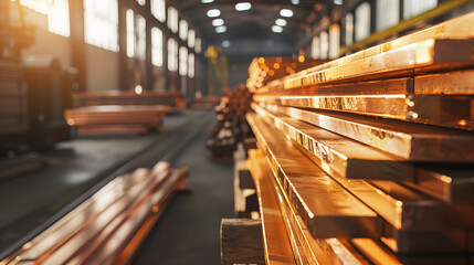 Stack of Copper Bars in a Warehouse