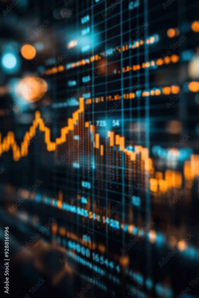 Poster dynamic stock market data visualization with glowing charts and graphs, showcasing financial analysi
