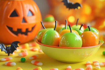 Halloween display with a bowl of candy apples on a yellow background