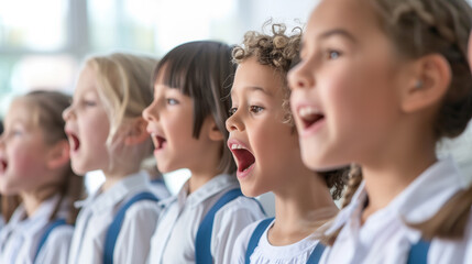 Children singing enthusiastically in a choir dressed in matching school uniforms. Represents concepts of teamwork, education, and musical expression.