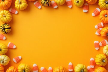 Halloween setup with colorful candy corn and small pumpkins on an orange background