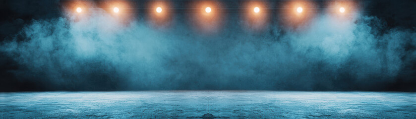Empty stage with dramatic lighting and fog, creating a mysterious and moody atmosphere, perfect for theater or performance-related visuals.