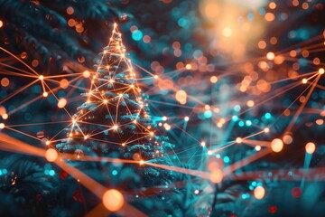 Illuminated Christmas tree with digital network overlay amidst festive bokeh lights. Concepts of holiday celebration, technology integration, and digital connectivity.