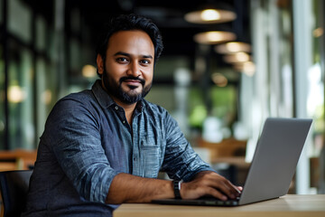 an Indian man in his late thirties, sitting at a table with a laptop, looking into the camera and smiling while working intently, 