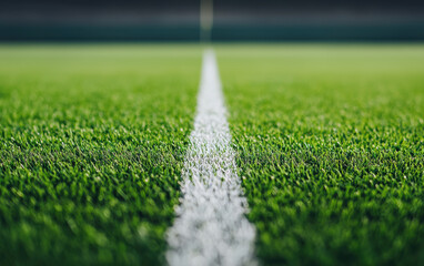 Close-up of a perfectly manicured sports field with a white line in the center, showcasing the vibrant green grass and detailed texture.