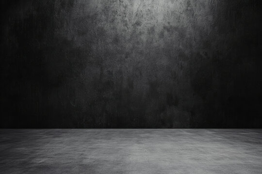 Grungy dark room with concrete floor and textured wall, capturing industrial aesthetic perfect for backgrounds, design projects, and promotional material.