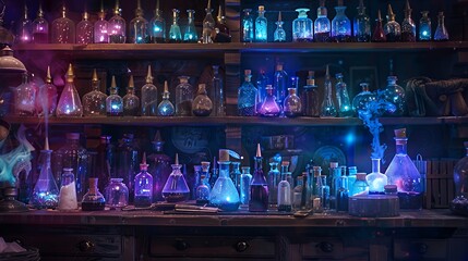 An assortment of glass bottles containing colorful liquids sit on wooden shelves in a dimly lit room.