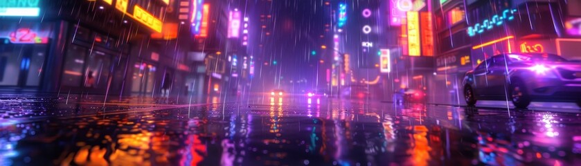 Obraz premium Wet City Street at Night with Neon Lights and Rain