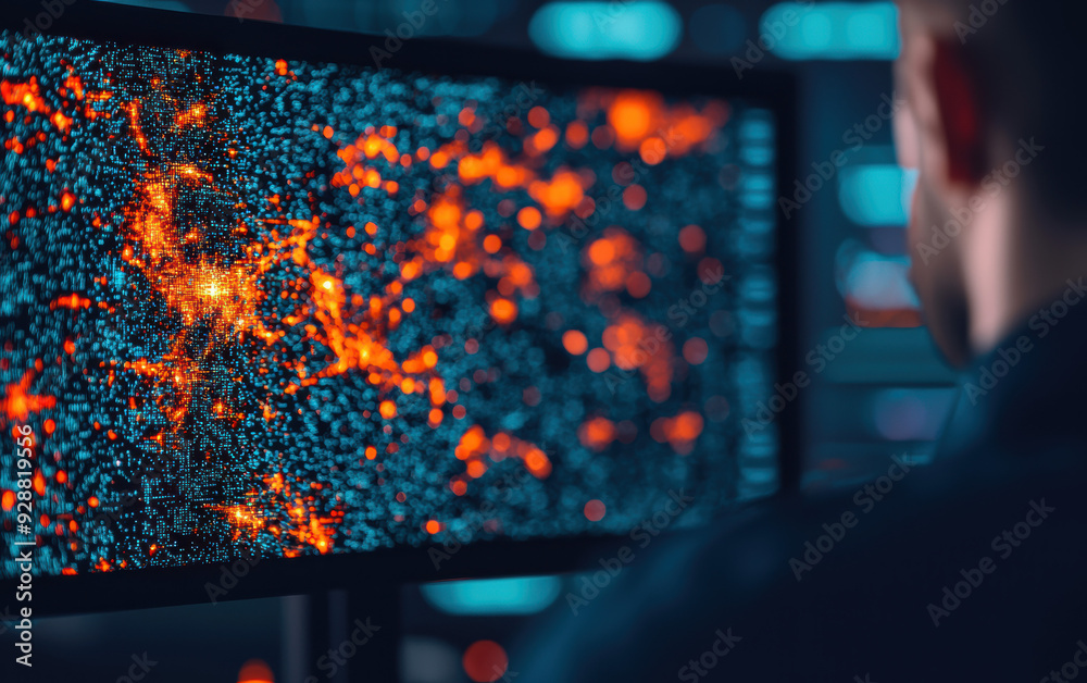 Poster rear view of a person analyzing complex data on a computer screen with a vibrant heatmap, highlighti