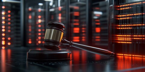 A striking visual of a judicial gavel placed in a futuristic AI data center, blending law and technology in a digital landscape